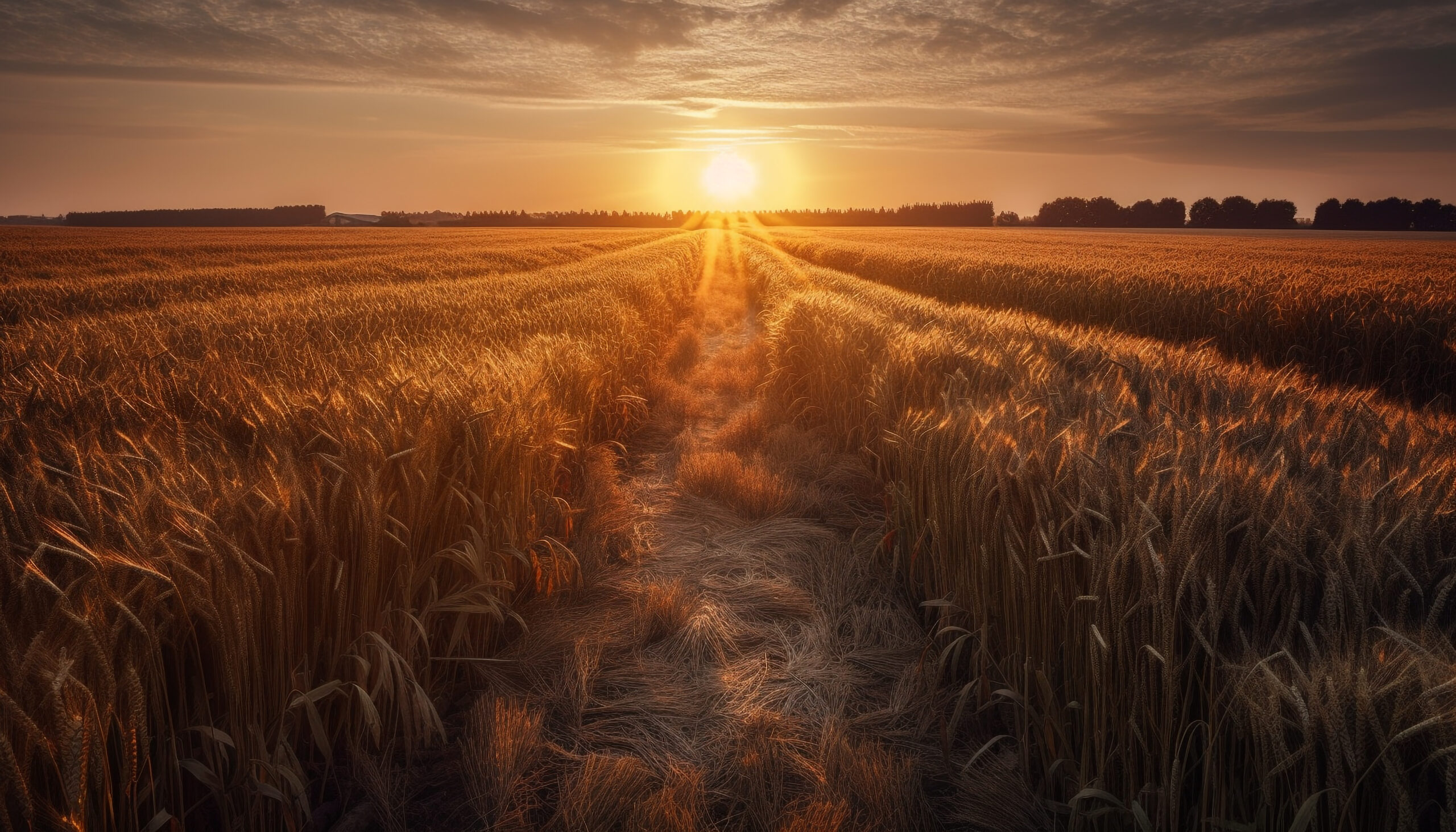golden wheat fields glow in the sunset generated by ai